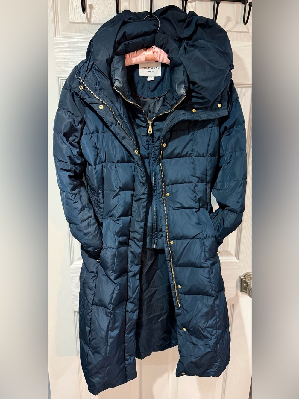 Cole Haan Dark Navy Quilted Long Puffer Coat with Hood